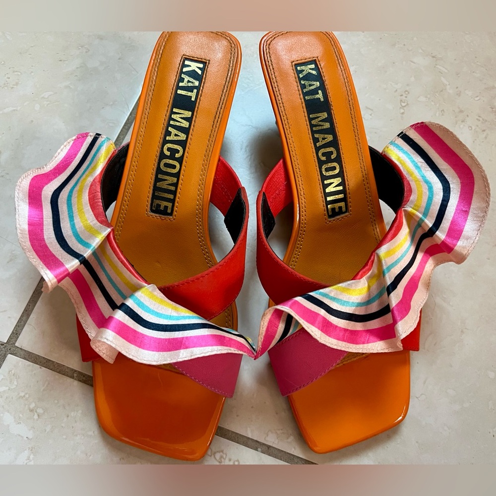Kat Maconie Desiree “Dragonfruit Stripes” Ruffle Mule Sandals – US 9 - Picture 11 of 12